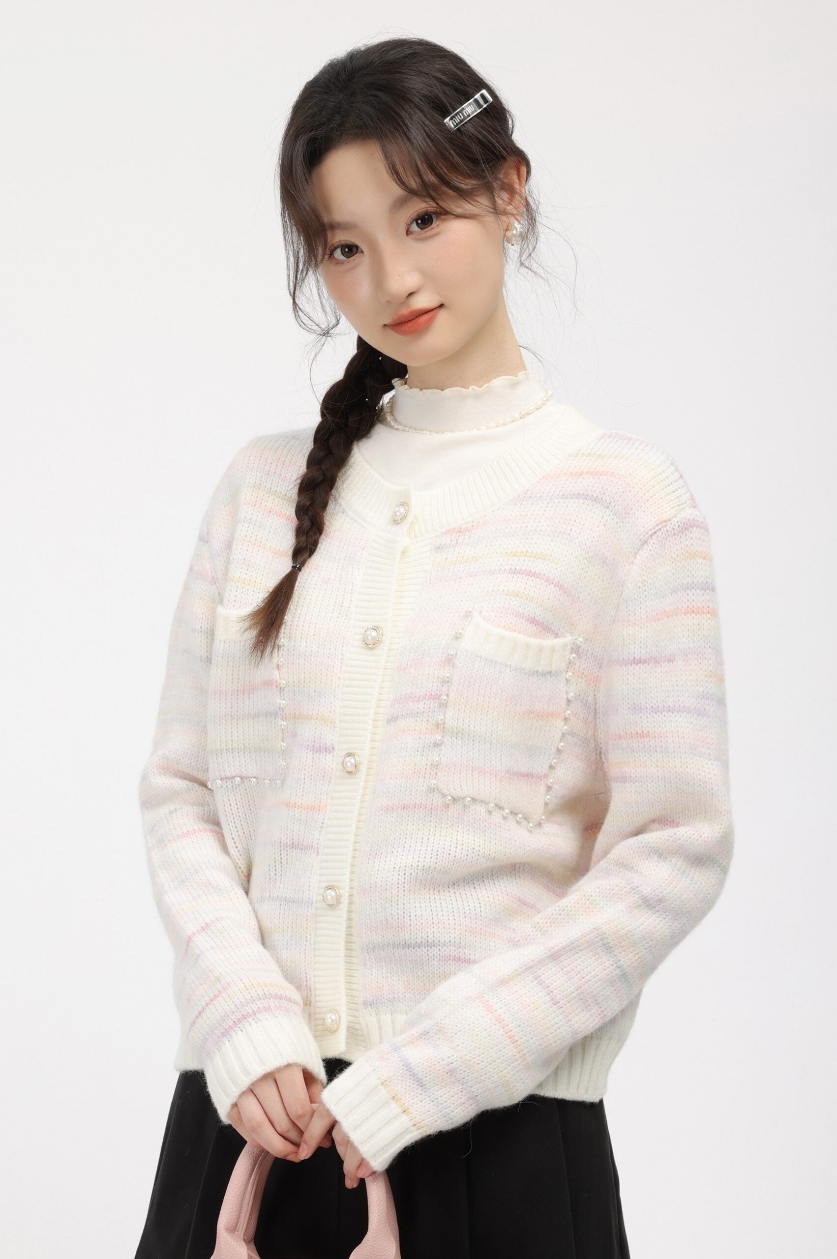 Pink Striped Knit Cardigan With Button Closure And Pockets
