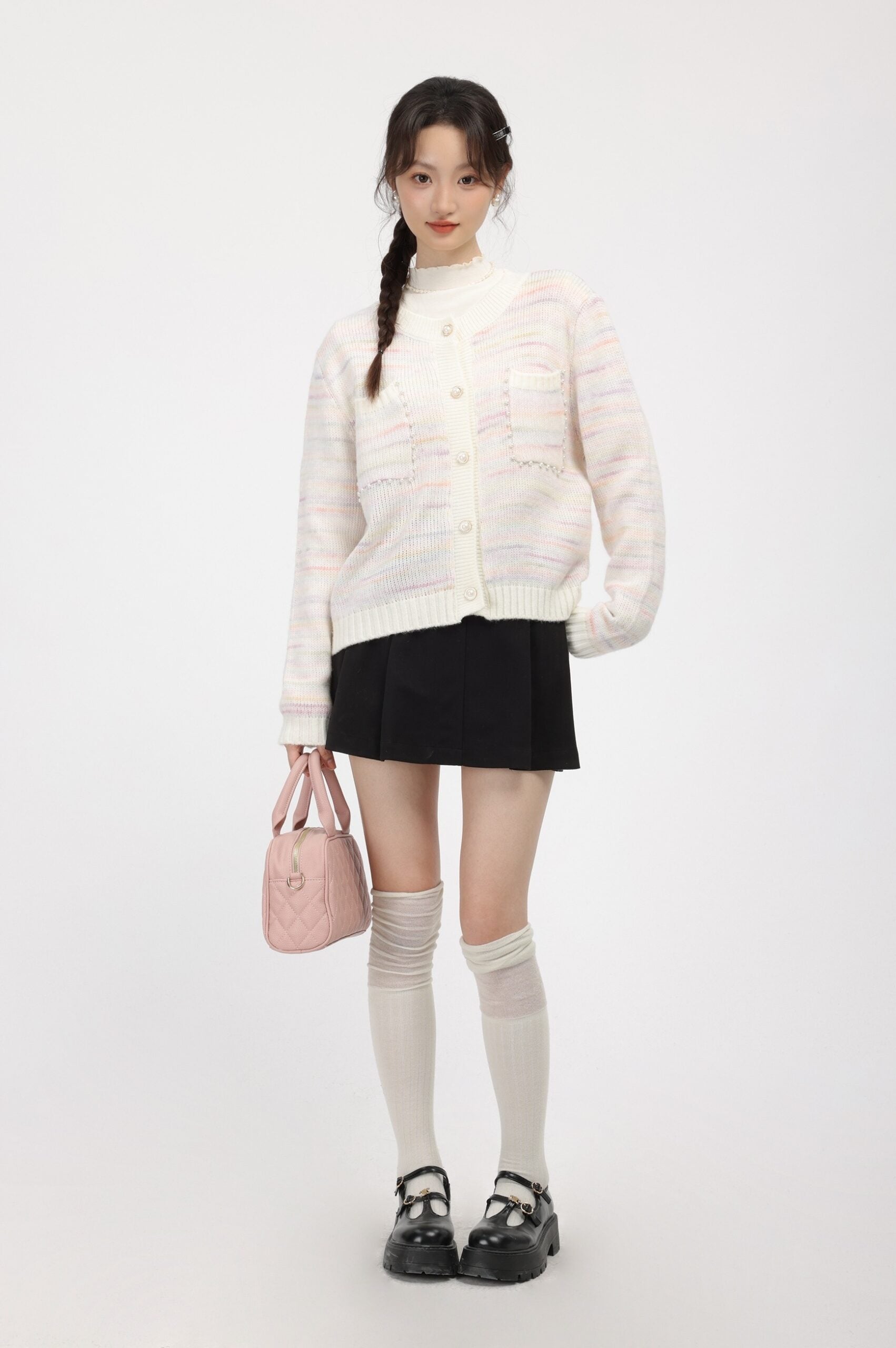 Pink Striped Knit Cardigan With Button Closure And Pockets