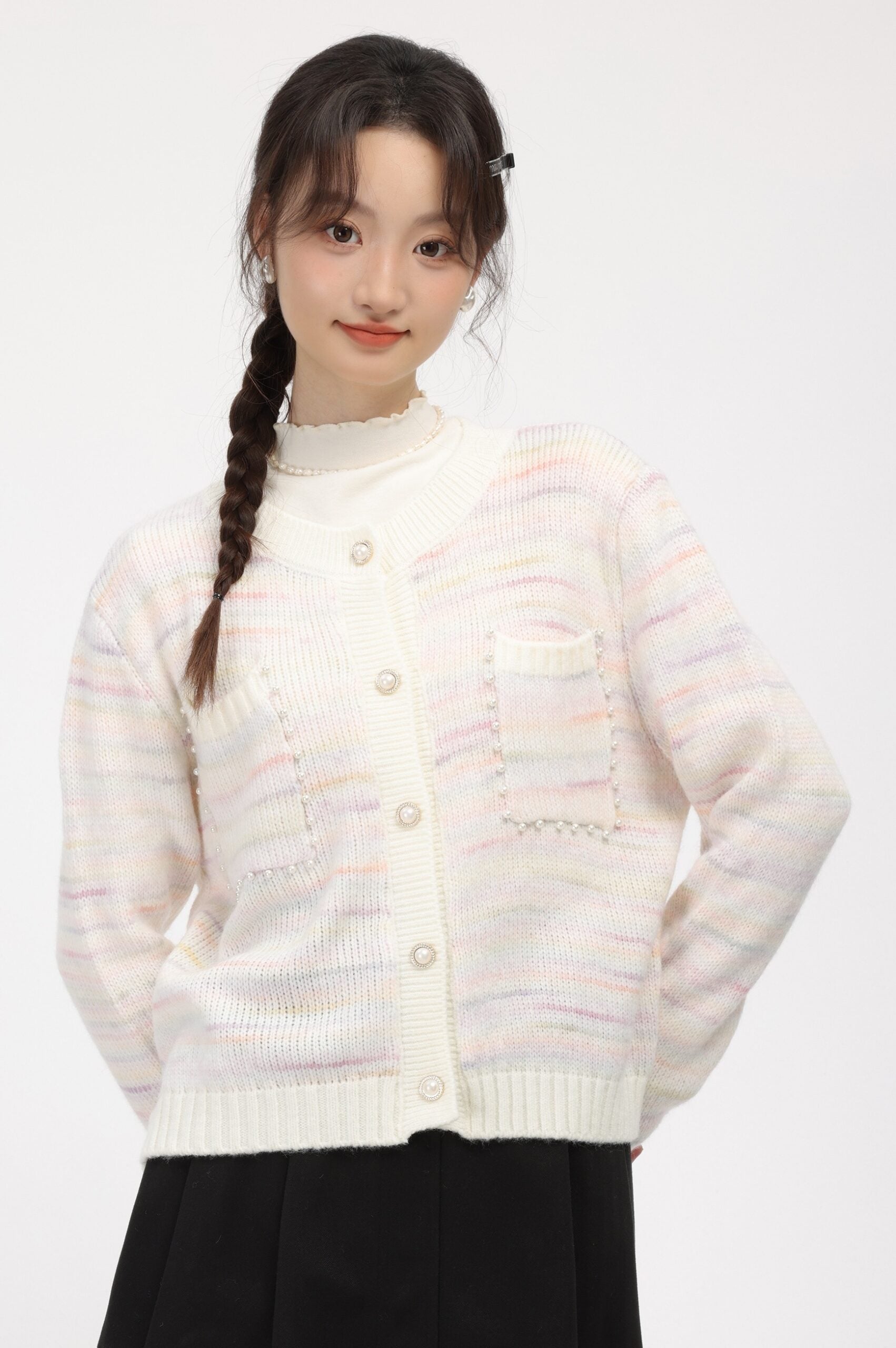 Pink Striped Knit Cardigan With Button Closure And Pockets