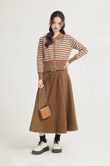 Khaki Striped Knit Short Cardigan With Double Head Zipper
