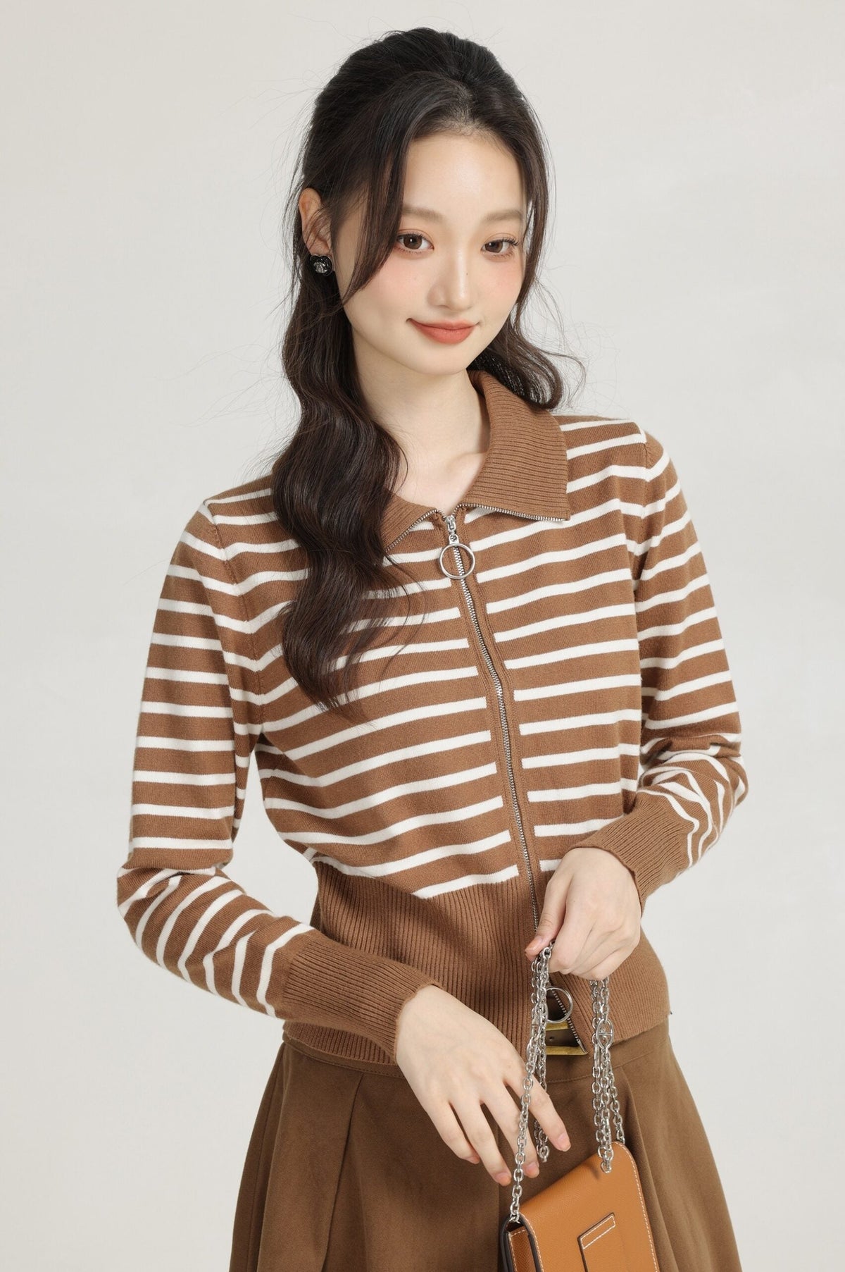 Khaki Striped Knit Short Cardigan With Double Head Zipper
