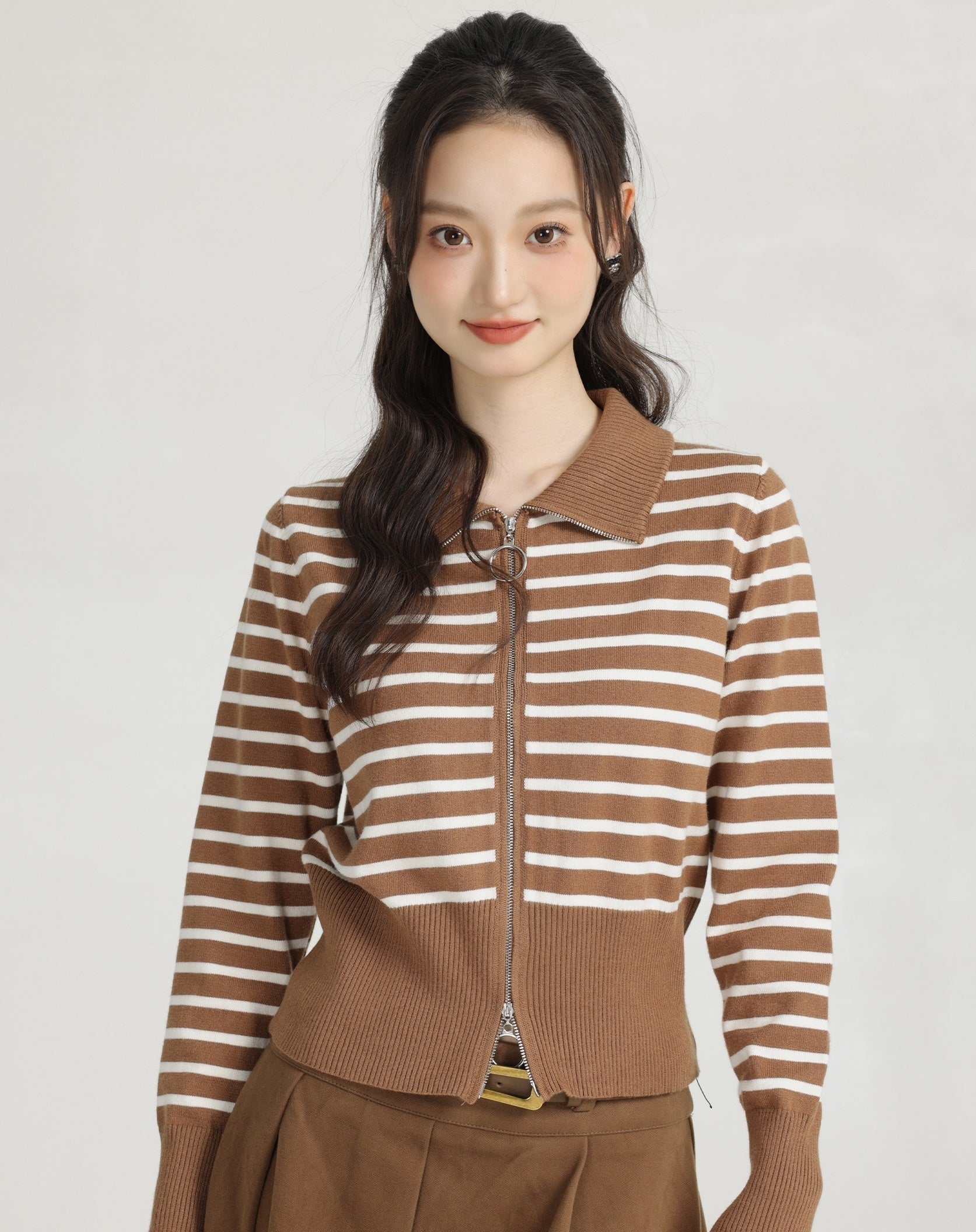 Khaki Striped Knit Short Cardigan With Double Head Zipper