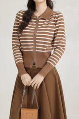 Khaki Striped Knit Short Cardigan With Double Head Zipper