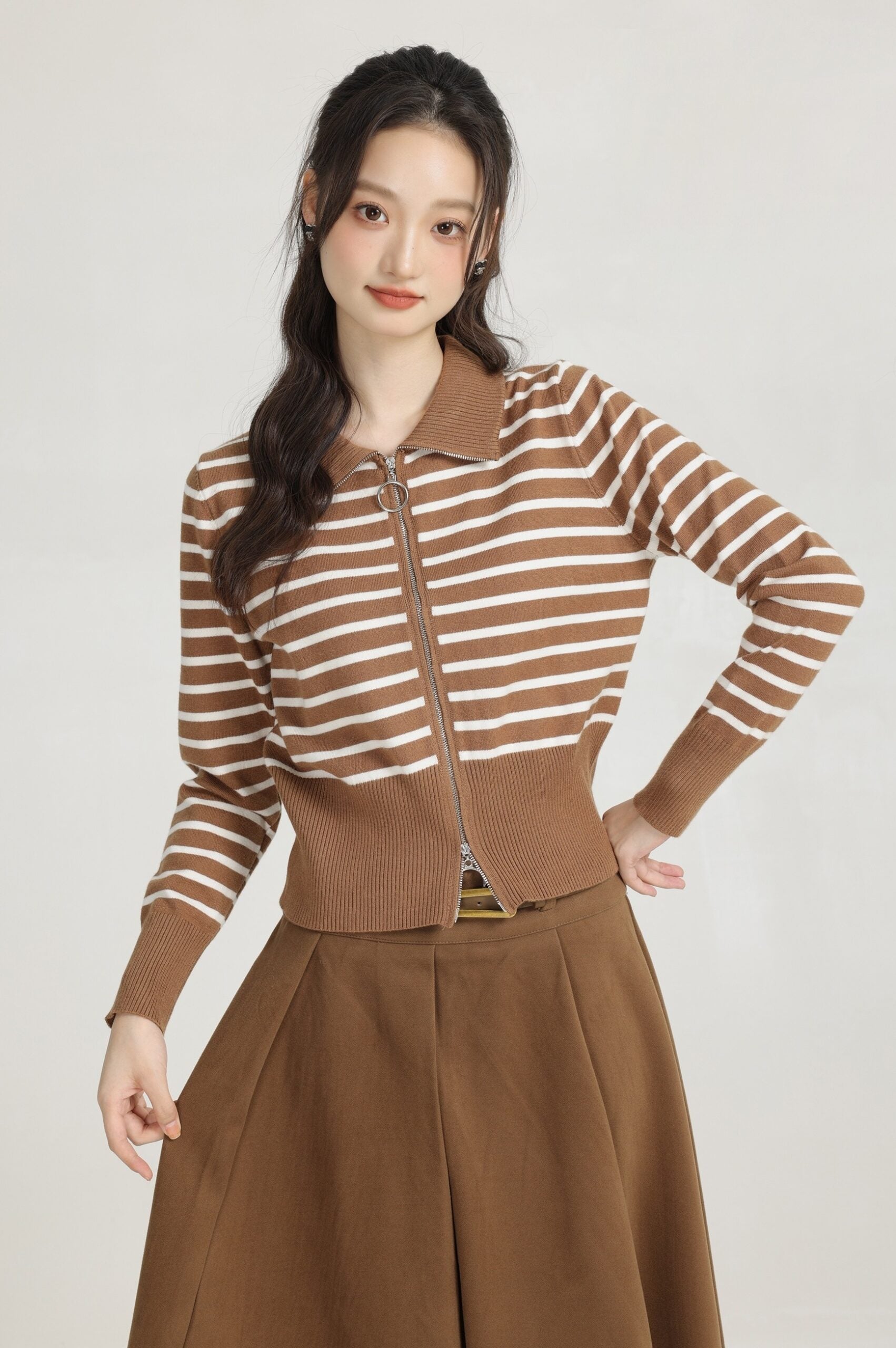 Khaki Striped Knit Short Cardigan With Double Head Zipper