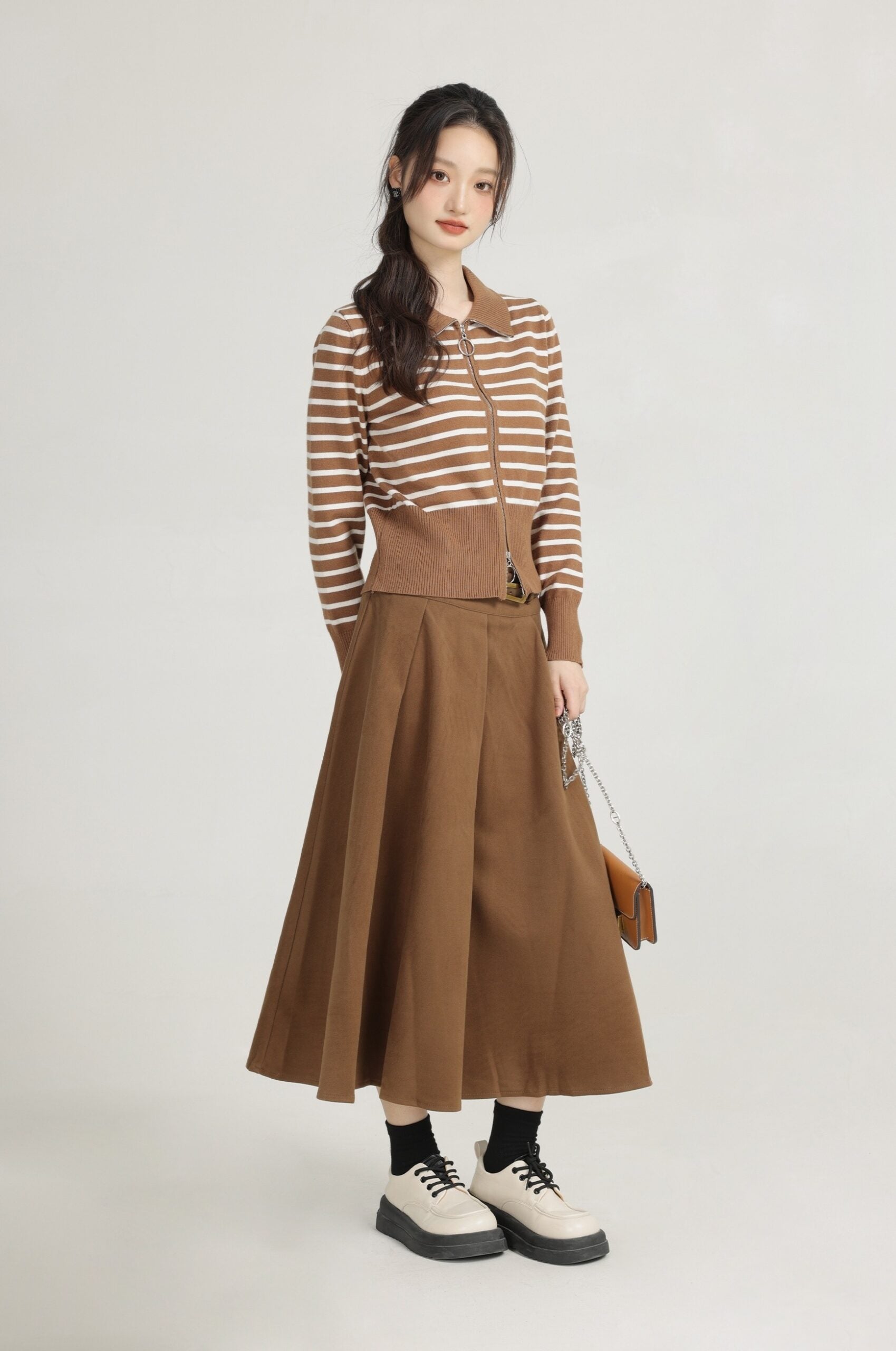 Khaki Striped Knit Short Cardigan With Double Head Zipper