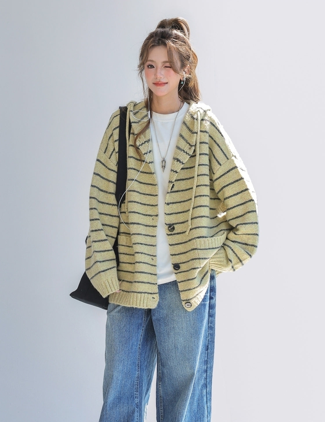 Striped Knit Hooded Cardigan Sweater