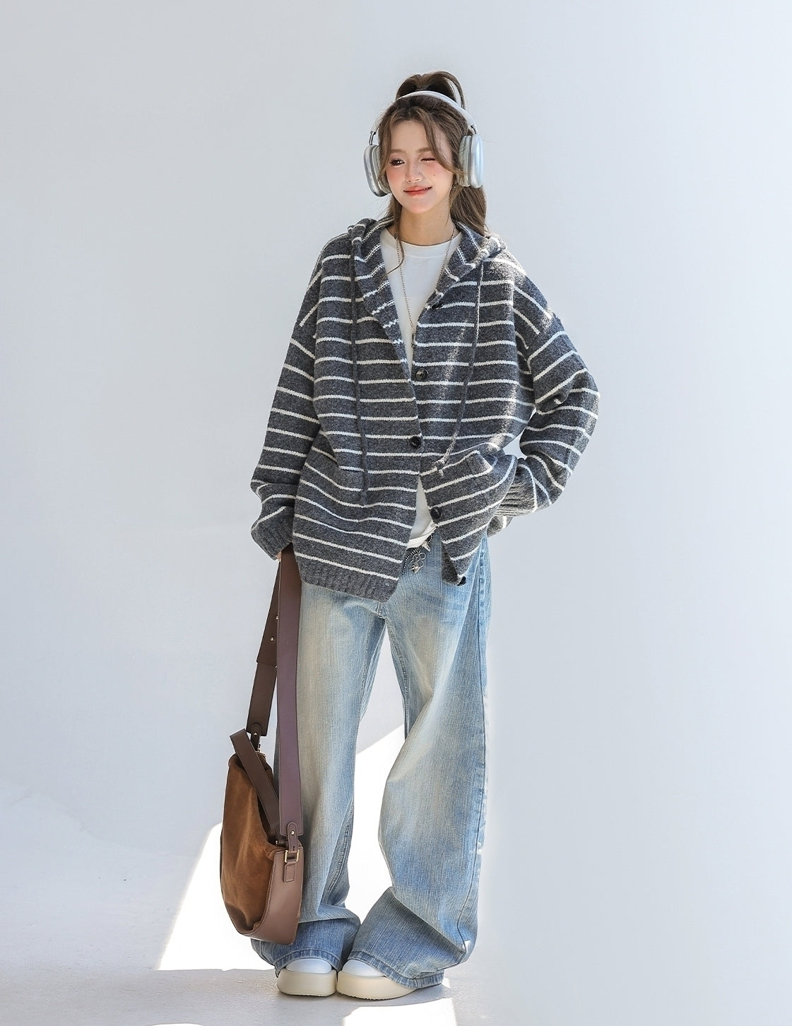 Striped Knit Hooded Cardigan Sweater