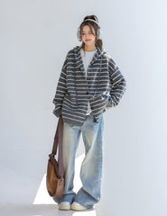 Striped Knit Hooded Cardigan Sweater