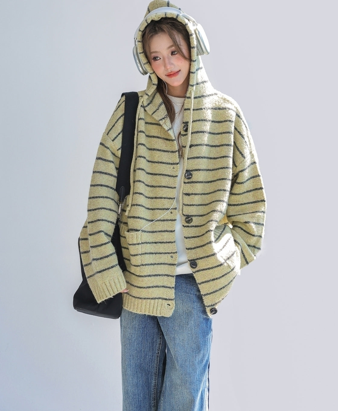Striped Knit Hooded Cardigan Sweater