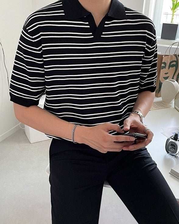 Striped Knit Polo Shirt Vintage Style