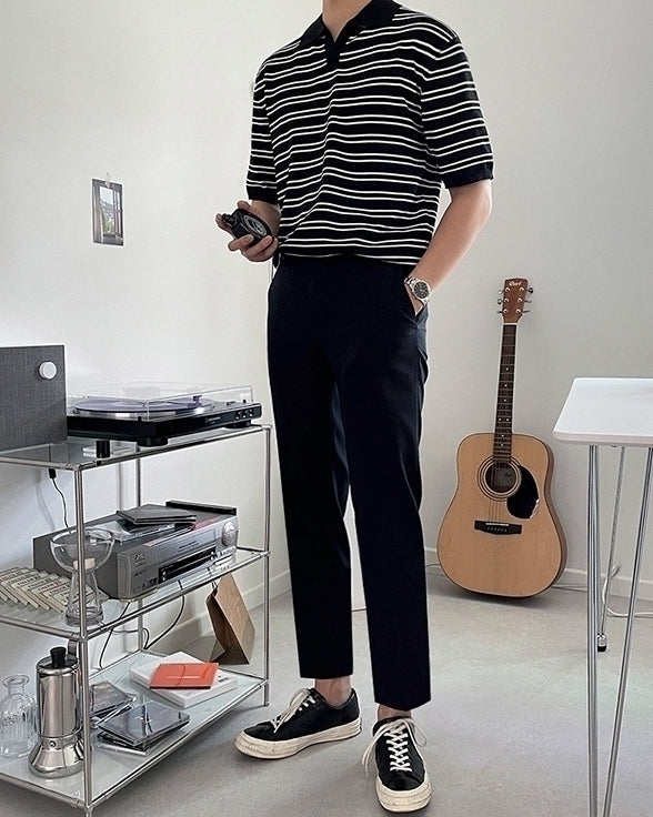Striped Knit Polo Shirt Vintage Style