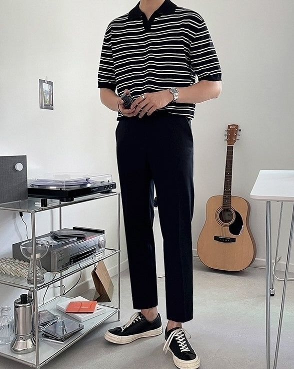 Striped Knit Polo Shirt Vintage Style