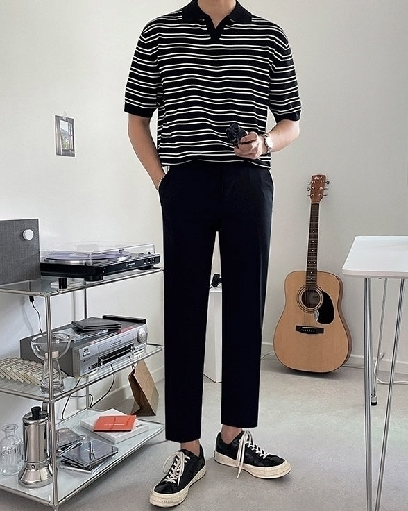 Striped Knit Polo Shirt Vintage Style
