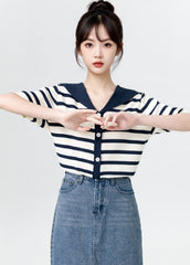 Striped Knit Short Sleeve Cardigan Top
