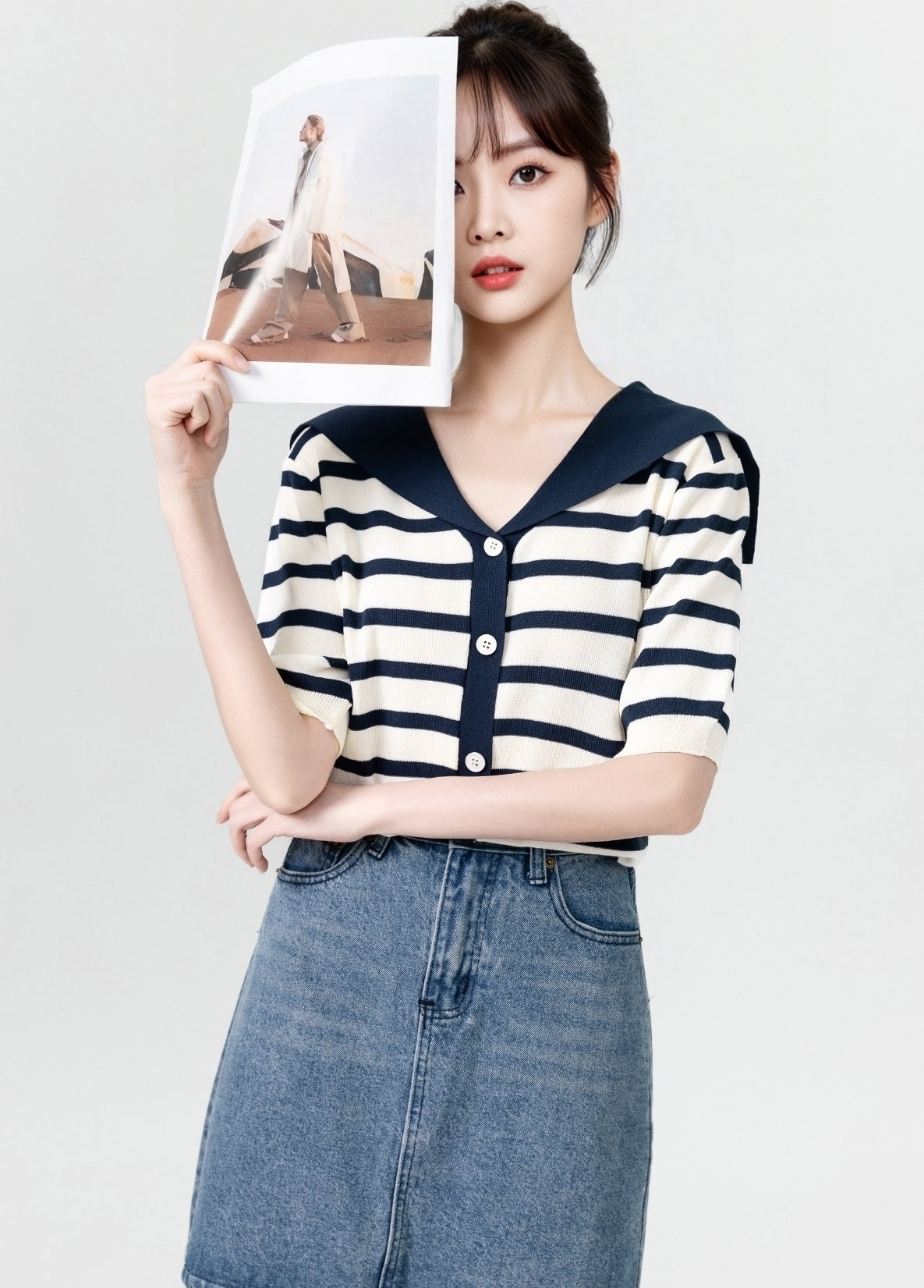 Striped Knit Short Sleeve Cardigan Top