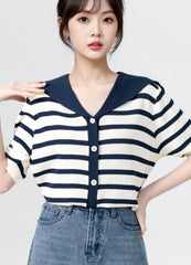 Striped Knit Short Sleeve Cardigan Top