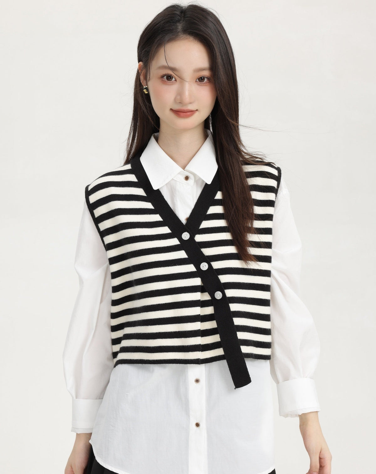 Black Stripe Knitted Vest With Asymmetrical Buttons