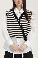 Black Stripe Knitted Vest With Asymmetrical Buttons