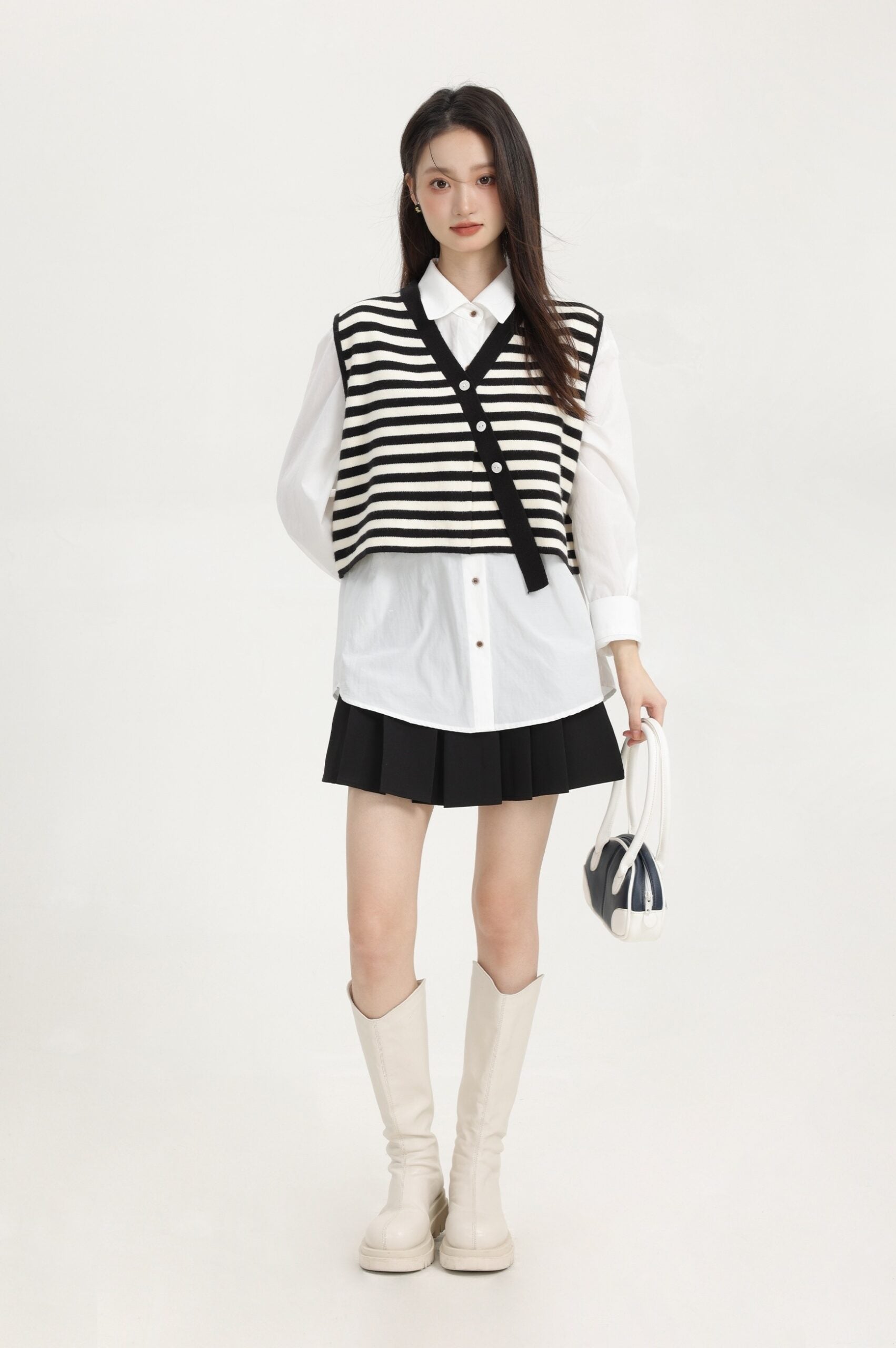Black Stripe Knitted Vest With Asymmetrical Buttons