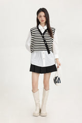 Black Stripe Knitted Vest With Asymmetrical Buttons