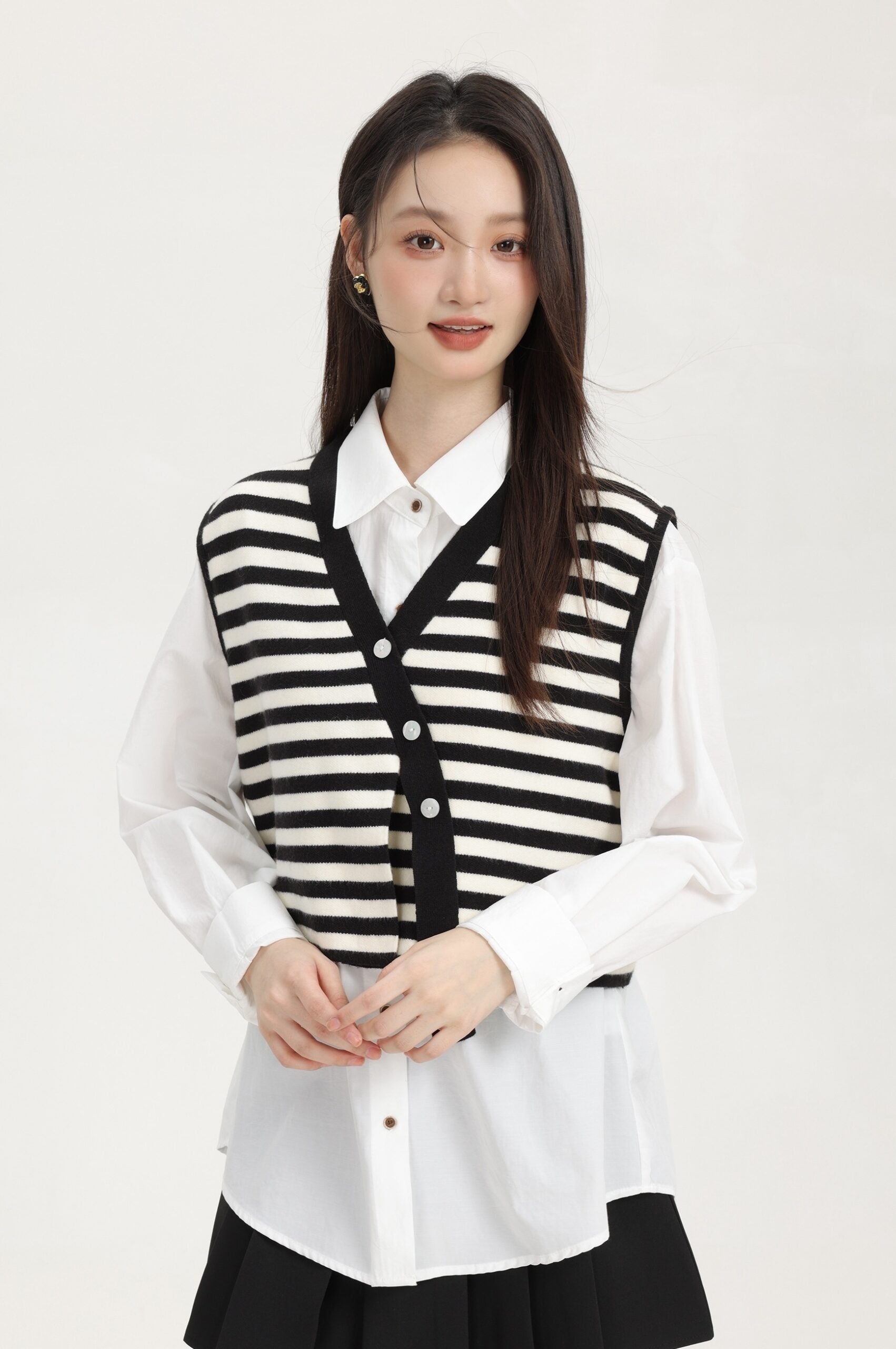 Black Stripe Knitted Vest With Asymmetrical Buttons