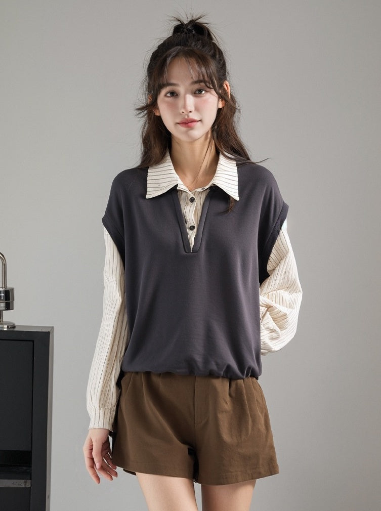 Striped Long Sleeve Fake Two-Piece Vintage Top