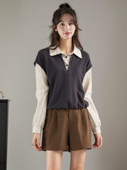 Striped Long Sleeve Fake Two-Piece Vintage Top