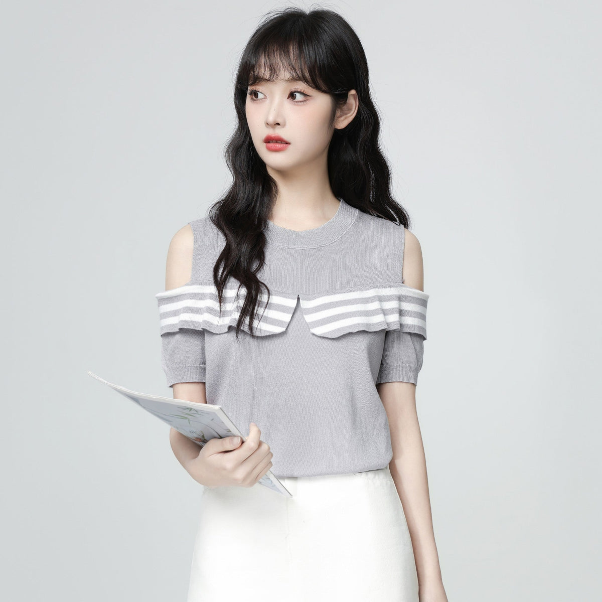 Striped Off Shoulder Knit Short Sleeve Top Gray