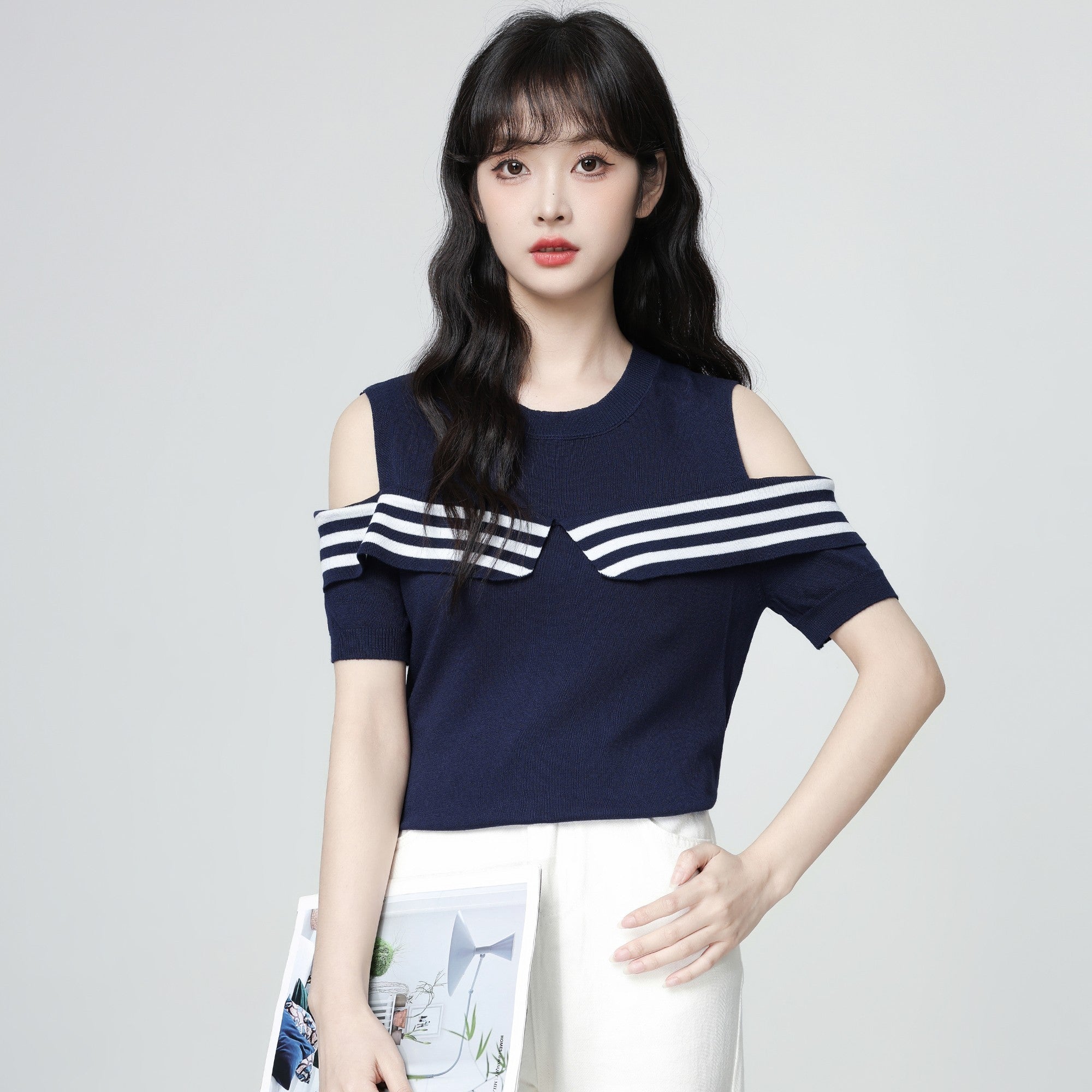 Striped Off Shoulder Knit Short Sleeve Top Gray
