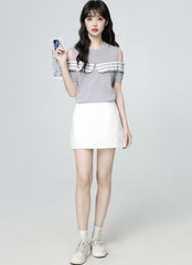 Striped Off Shoulder Knit Short Sleeve Top Gray