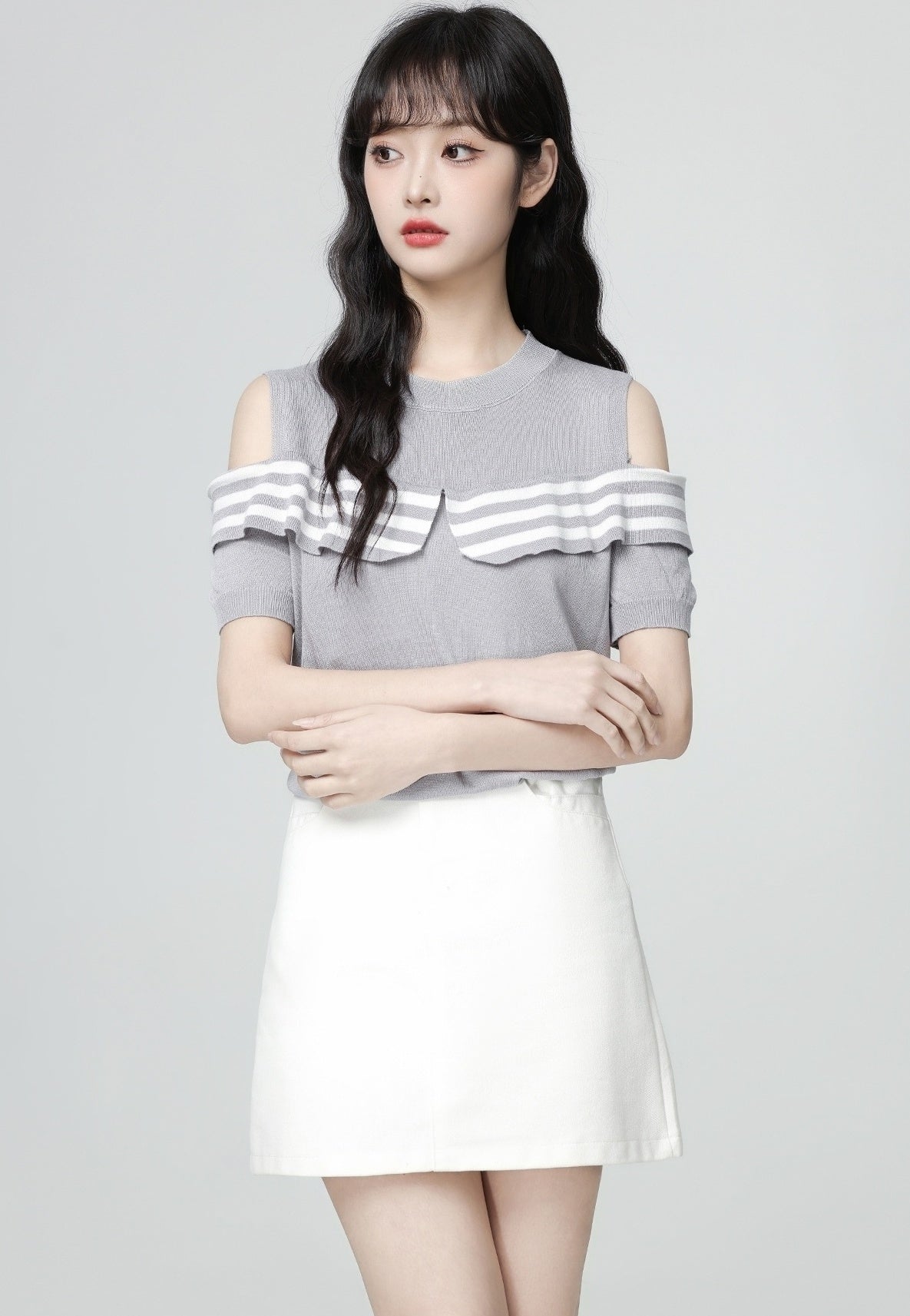 Striped Off Shoulder Knit Short Sleeve Top Gray