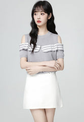 Striped Off Shoulder Knit Short Sleeve Top Gray