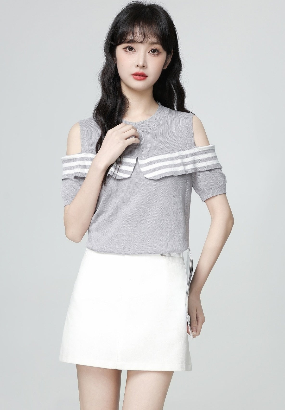 Striped Off Shoulder Knit Short Sleeve Top Gray