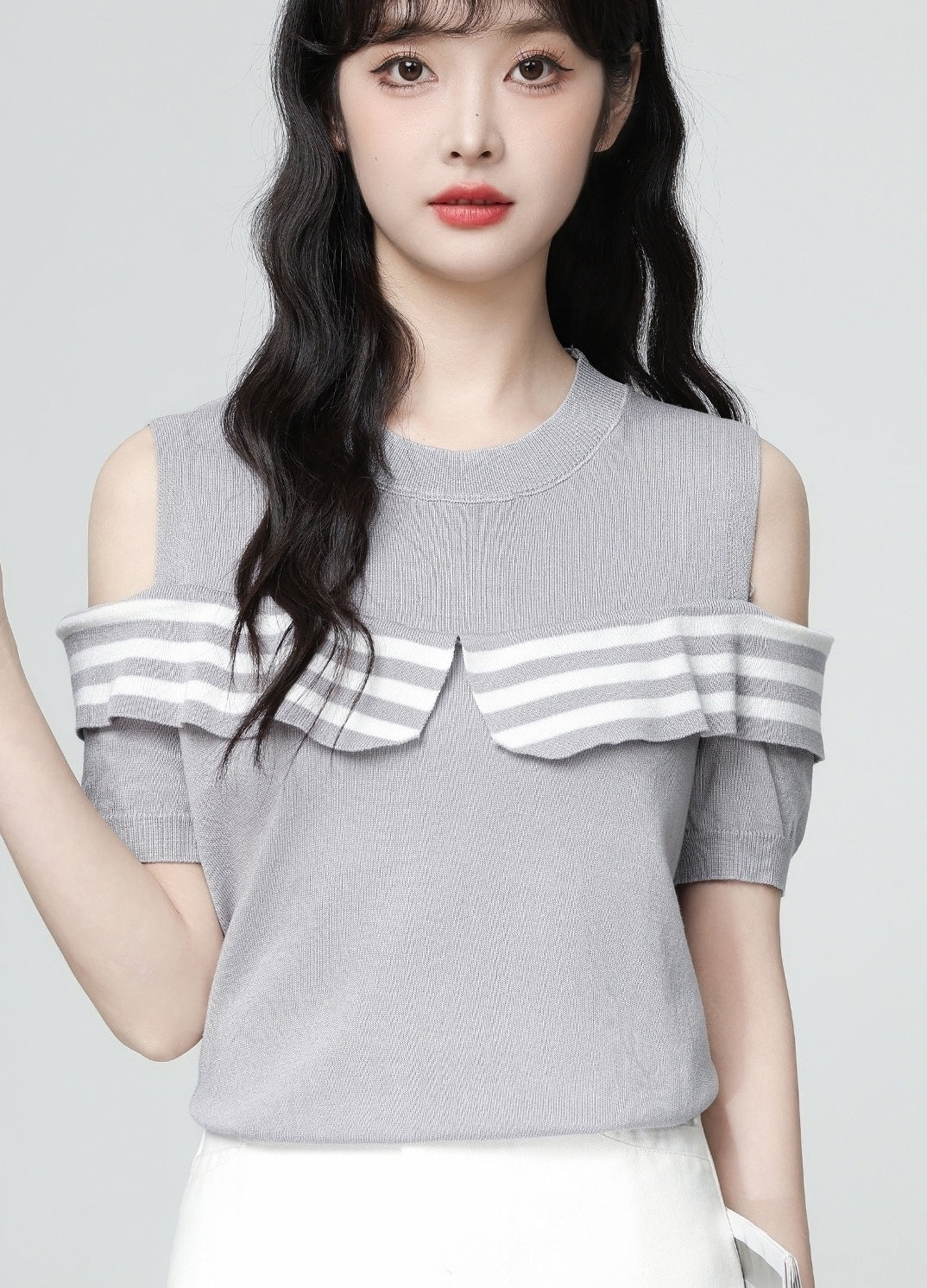 Striped Off Shoulder Knit Short Sleeve Top Gray