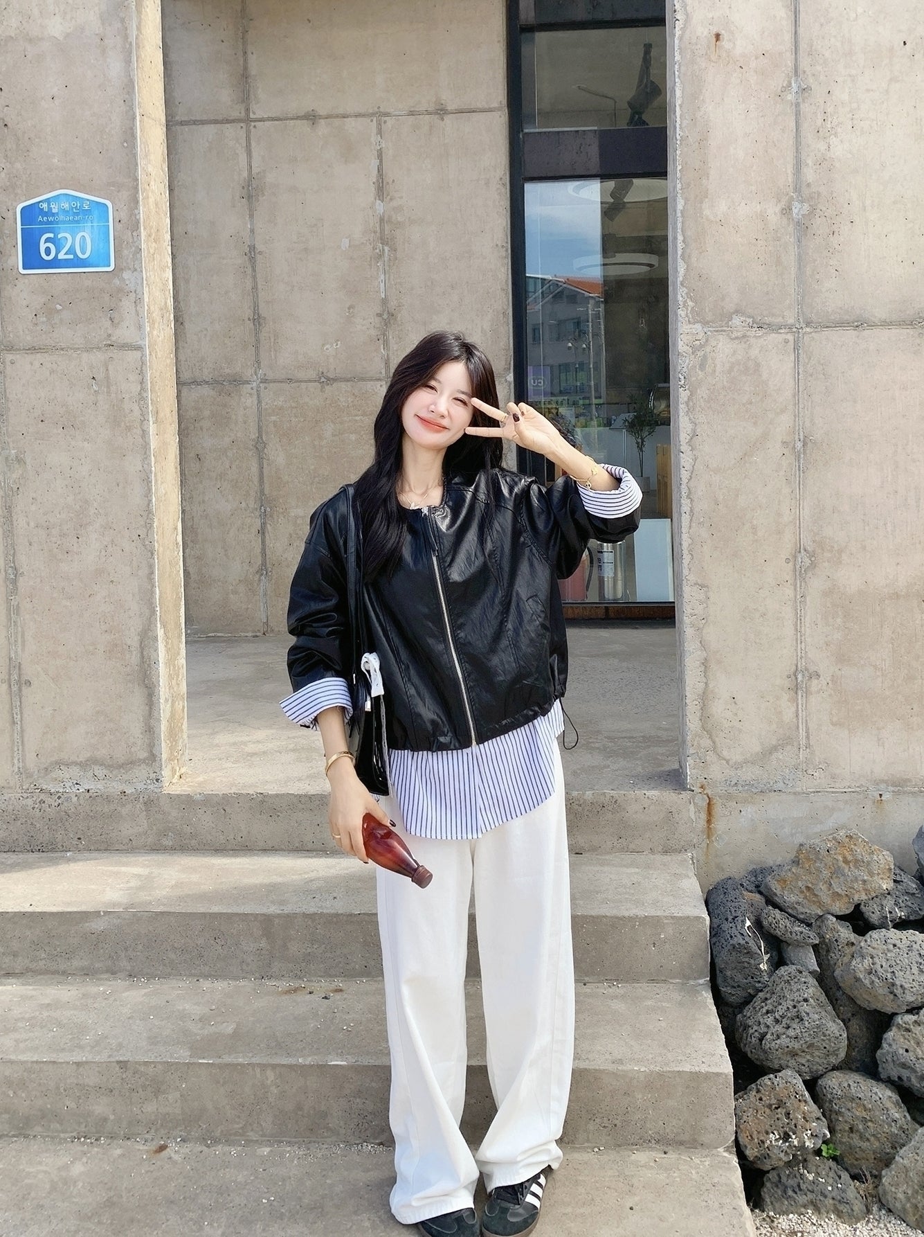 Striped Patchwork Faux Leather Jacket With Chic Design
