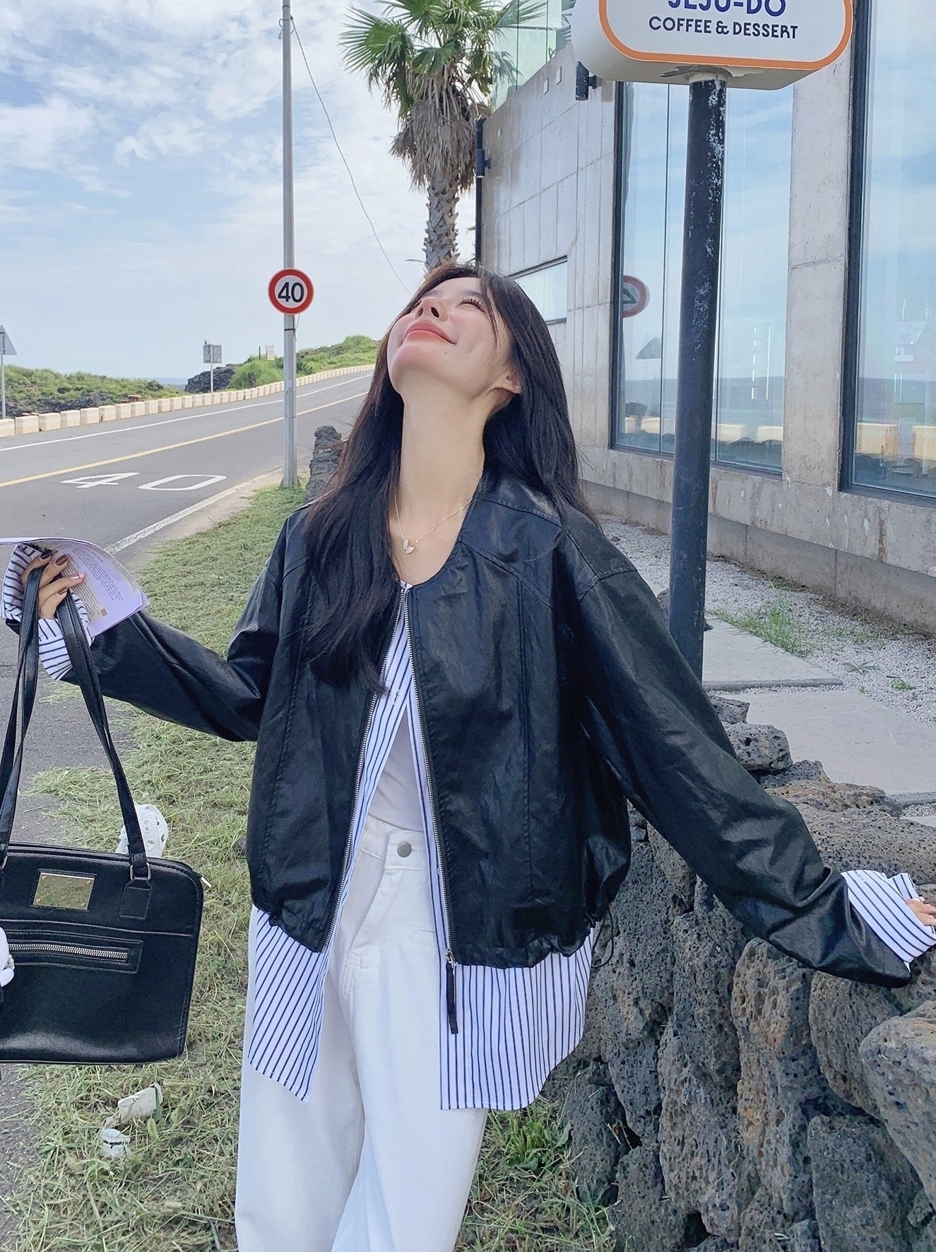 Striped Patchwork Faux Leather Jacket With Chic Design