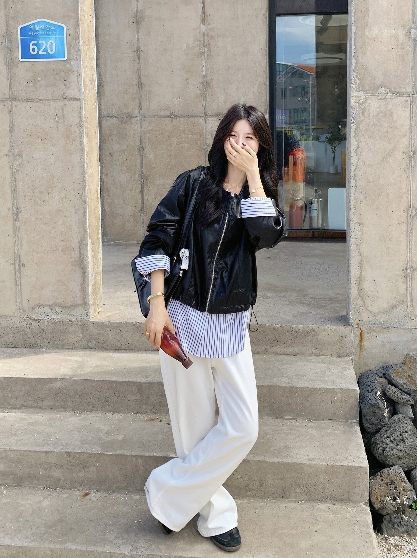 Striped Patchwork Faux Leather Jacket With Chic Design