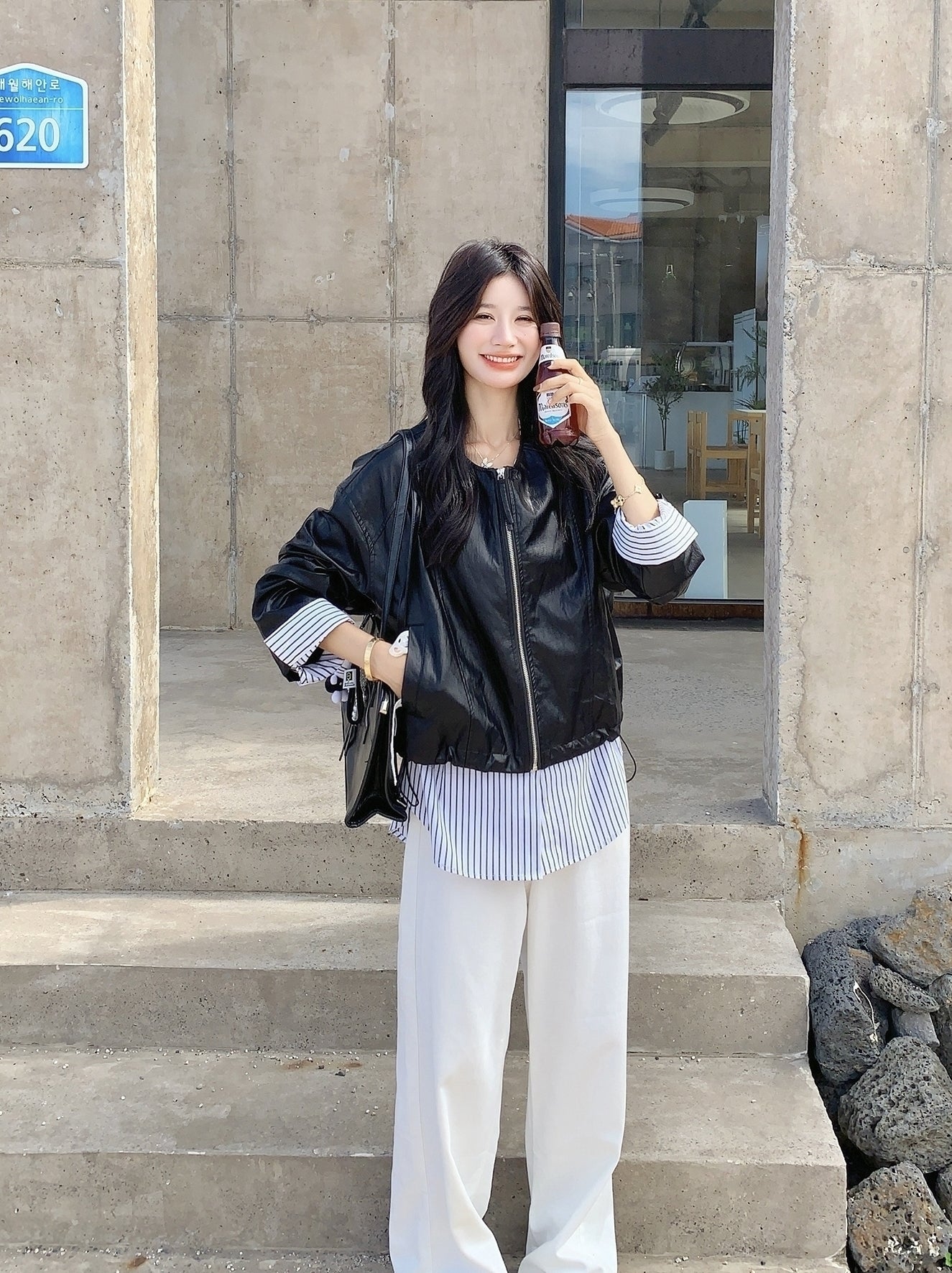 Striped Patchwork Faux Leather Jacket With Chic Design