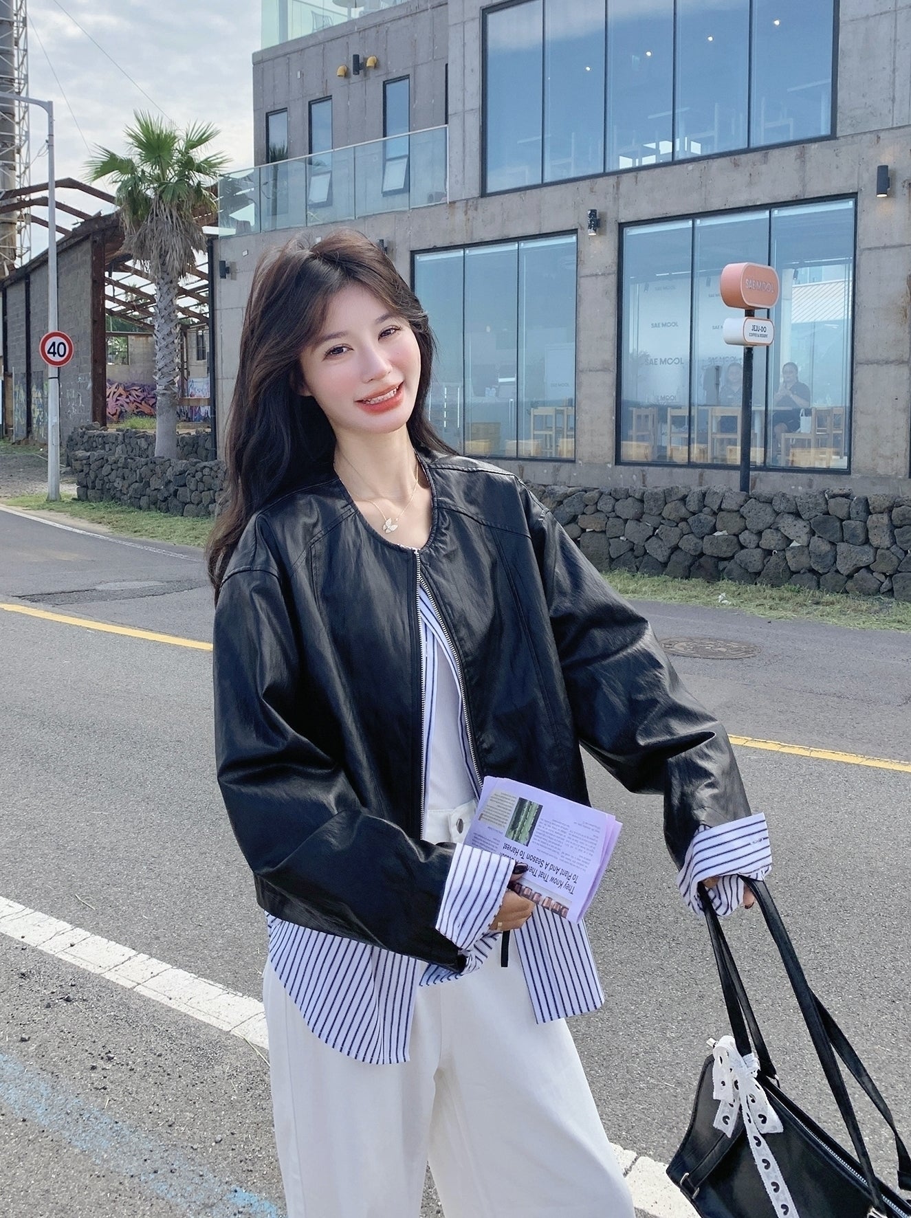 Striped Patchwork Faux Leather Jacket With Chic Design