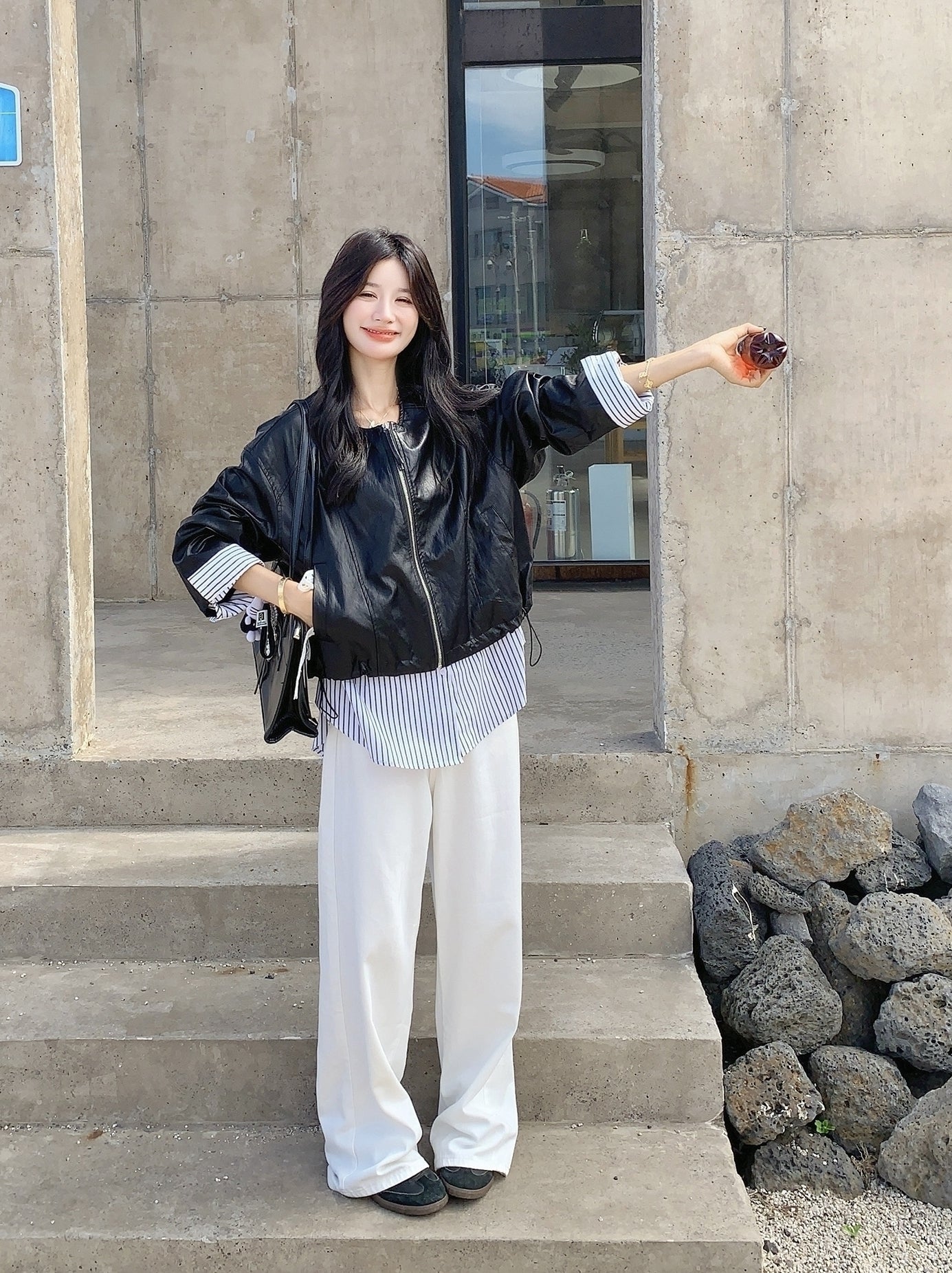 Striped Patchwork Faux Leather Jacket With Chic Design