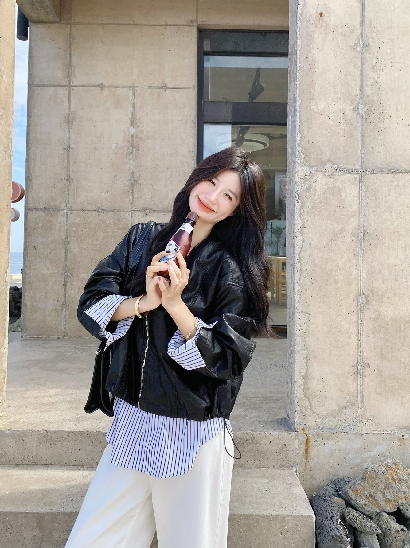 Striped Patchwork Faux Leather Jacket With Chic Design