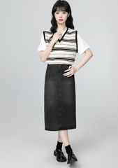 Striped Patchwork Short Sleeve Casual College Style Top