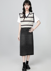 Striped Patchwork Short Sleeve Casual College Style Top
