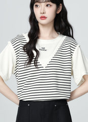 Striped Patchwork Short Sleeve Casual T Shirt