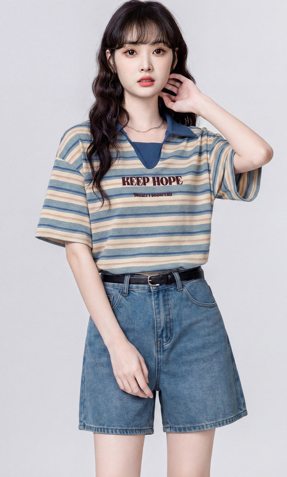Striped Polo Neck Short Sleeve Top
