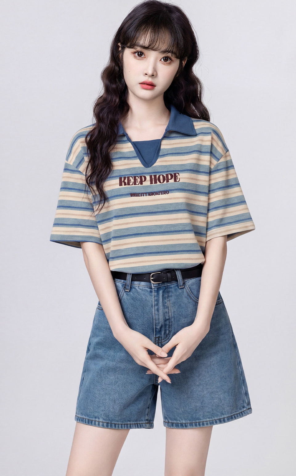 Striped Polo Neck Short Sleeve Top