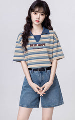 Striped Polo Neck Short Sleeve Top