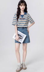 Striped Polo Neck Short Sleeve Top