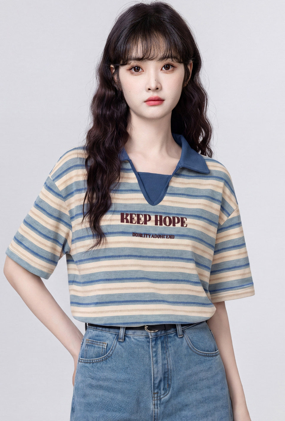 Striped Polo Neck Short Sleeve Top