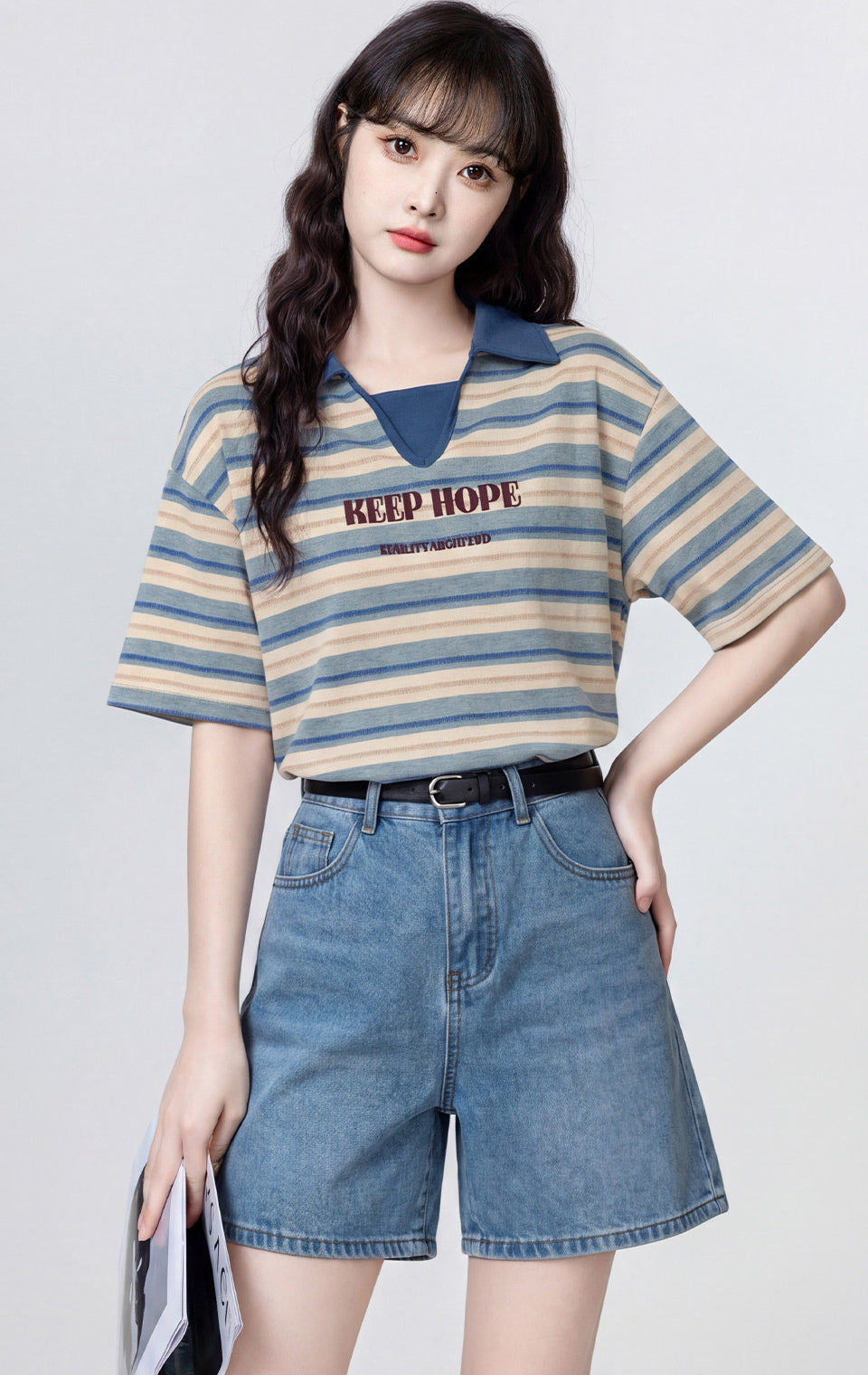 Striped Polo Neck Short Sleeve Top